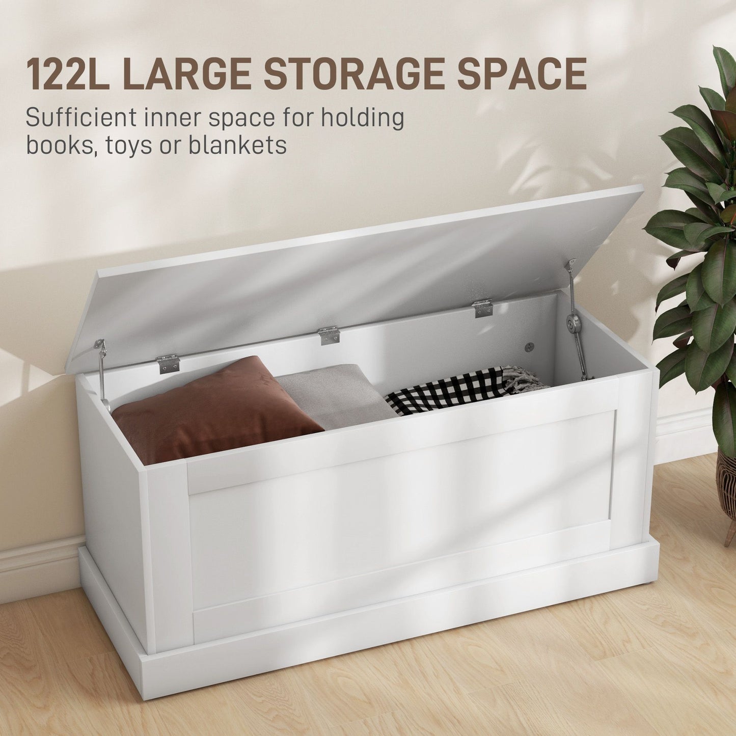 39.4 Inches Storage Chest, Storage Trunk with Safety Hinge, Wooden Box for Living Room, White Wood Grain