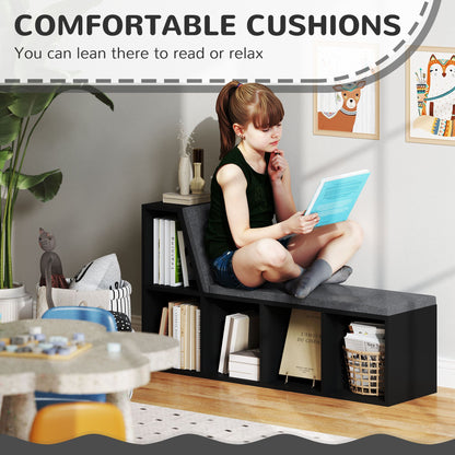 Multi-Purpose Bookshelf with 5 Cubes, 5-Cubby Bookcase with Cushioned Reading Nook and Storage Shelves, Distressed Black