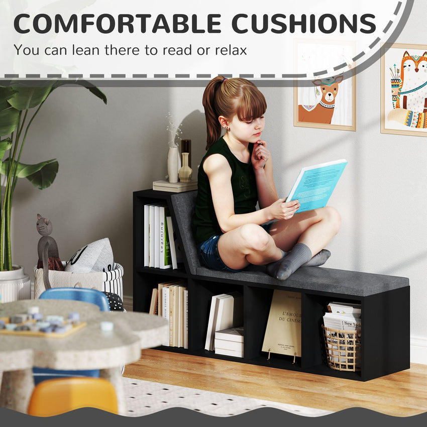 Multi-Purpose Bookshelf with 5 Cubes, 5-Cubby Bookcase with Cushioned Reading Nook and Storage Shelves, Distressed Black