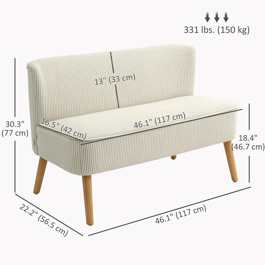 Modern 2 Seater Sofa, Upholstered Two Seater Couch with Rubber Wood Legs, Cream White