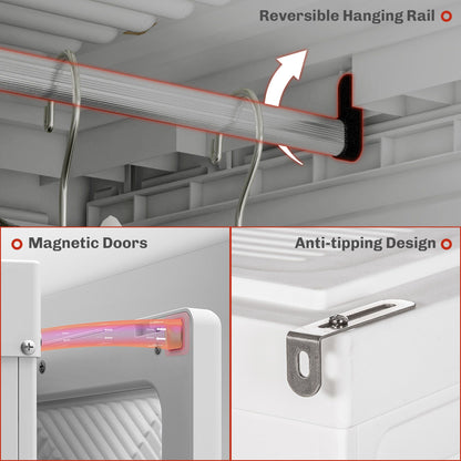 Portable Wardrobe, Foldable Clothes Storage Organzier with 5 Compartments, 1 Hanging Rod, Magnet Doors, White