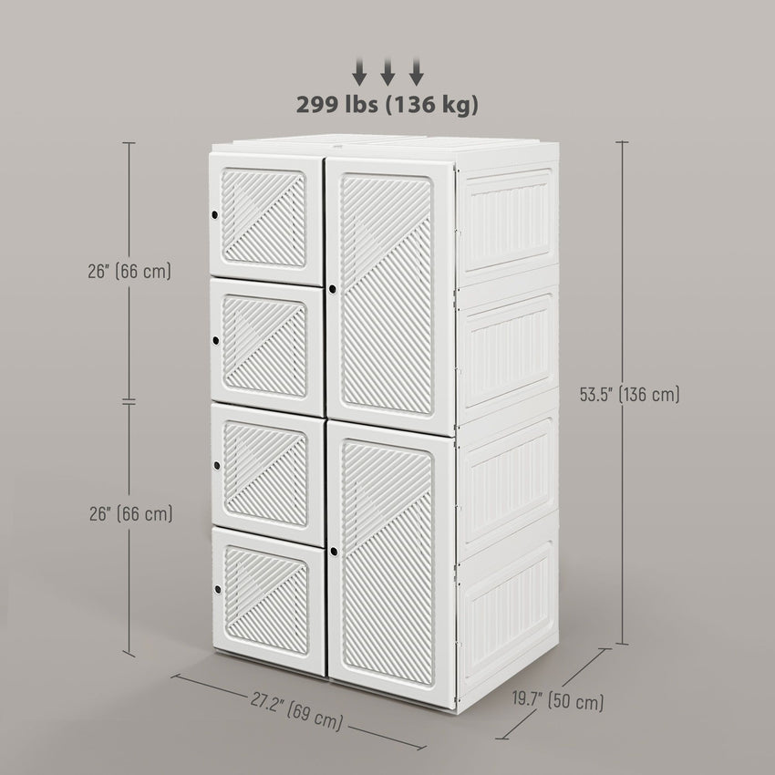 Portable Wardrobe, Foldable Clothes Storage Organzier with 5 Compartments, 1 Hanging Rod, Magnet Doors, White
