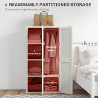 Portable Wardrobe, Foldable Clothes Storage Organzier with 5 Compartments, 1 Hanging Rod, Magnet Doors, White