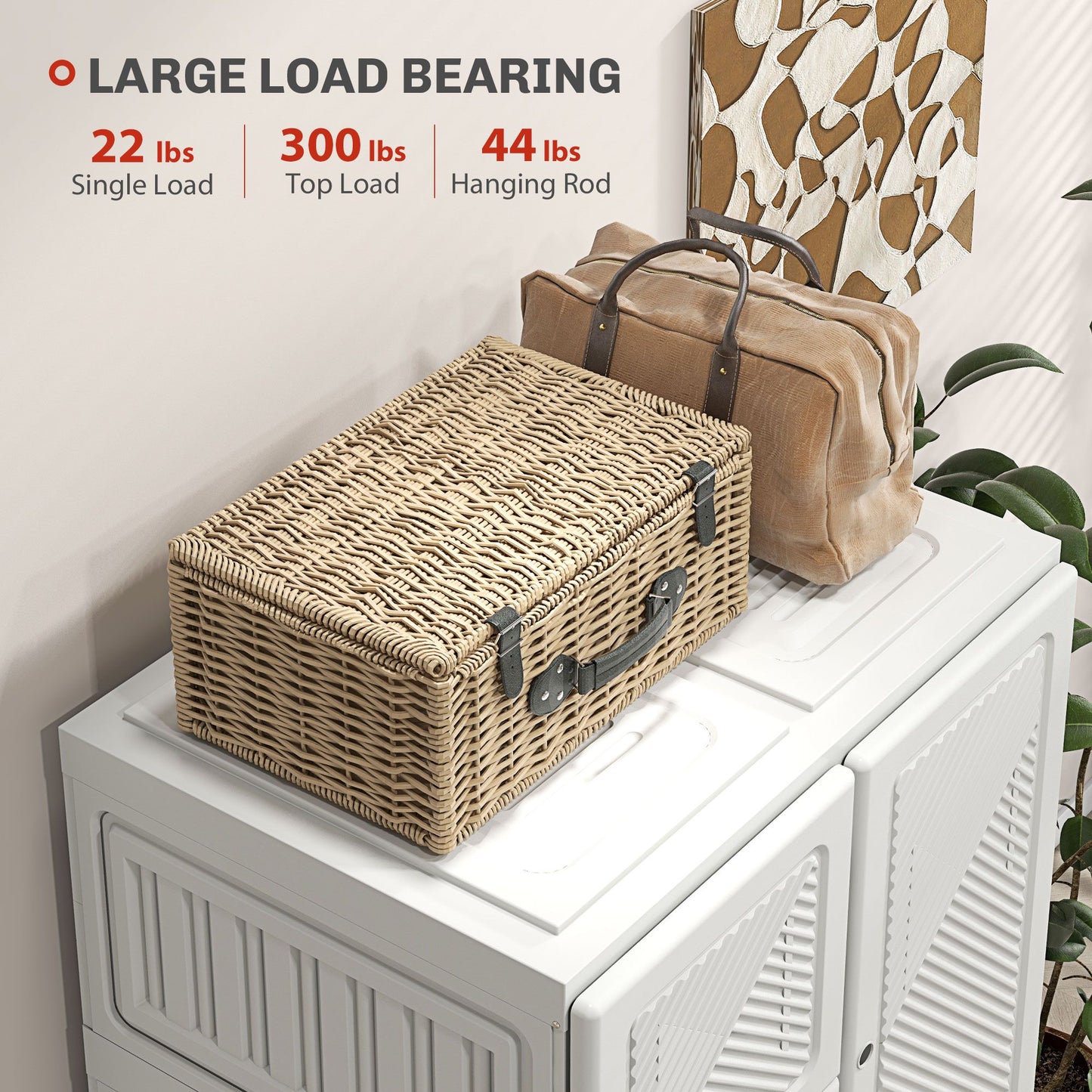 Portable Wardrobe, Foldable Clothes Storage Organzier with 5 Compartments, 1 Hanging Rod, Magnet Doors, White