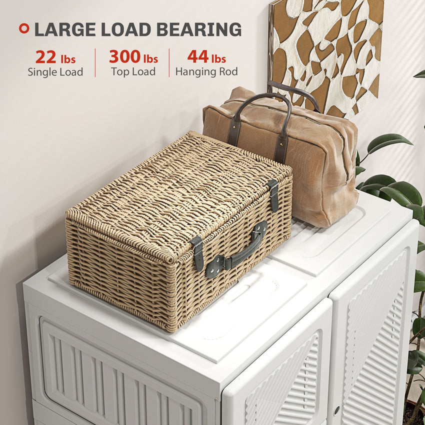 Portable Wardrobe, Foldable Clothes Storage Organzier with 5 Compartments, 1 Hanging Rod, Magnet Doors, White