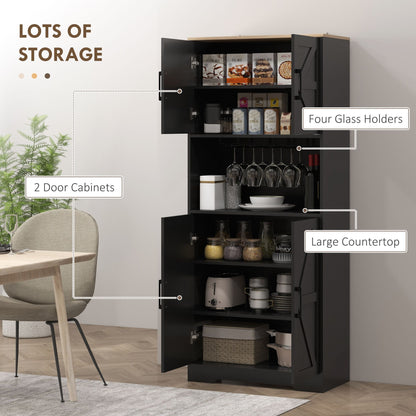 Farmhouse Kitchen Pantry, 68" Freestanding Hutch Storage Cabinet with Microwave Oven Countertop, Black