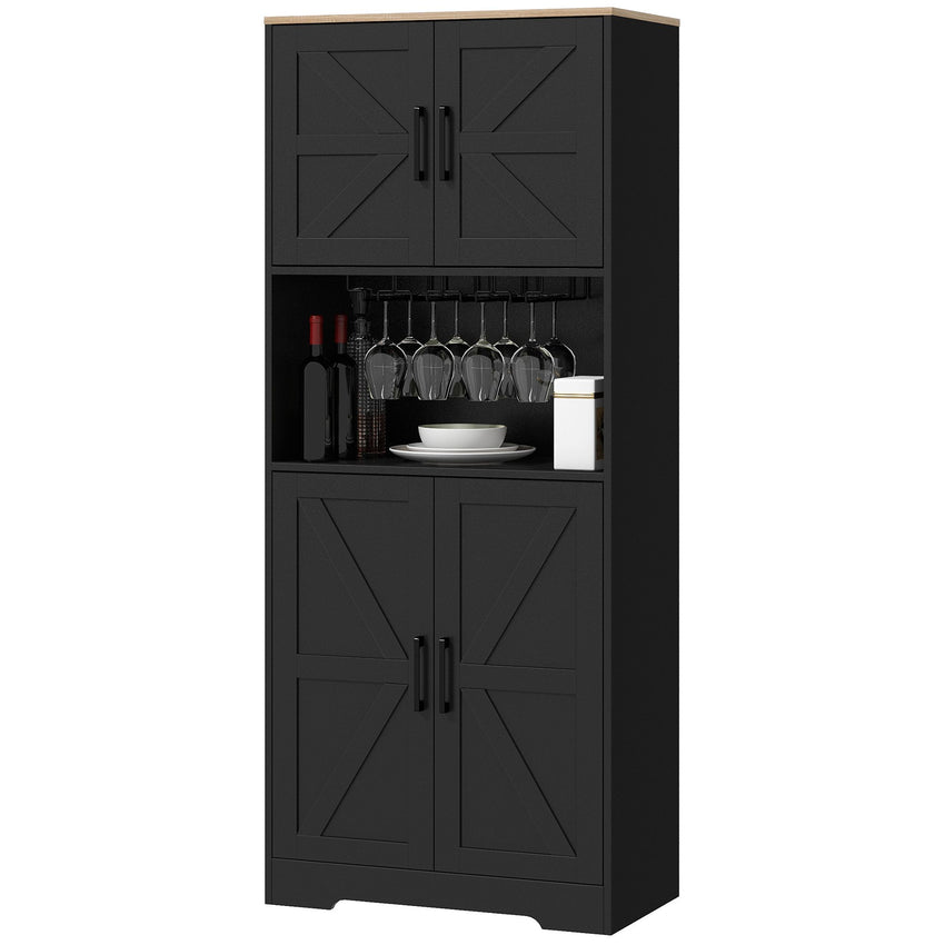 Farmhouse Kitchen Pantry, 68" Freestanding Hutch Storage Cabinet with Microwave Oven Countertop, Black