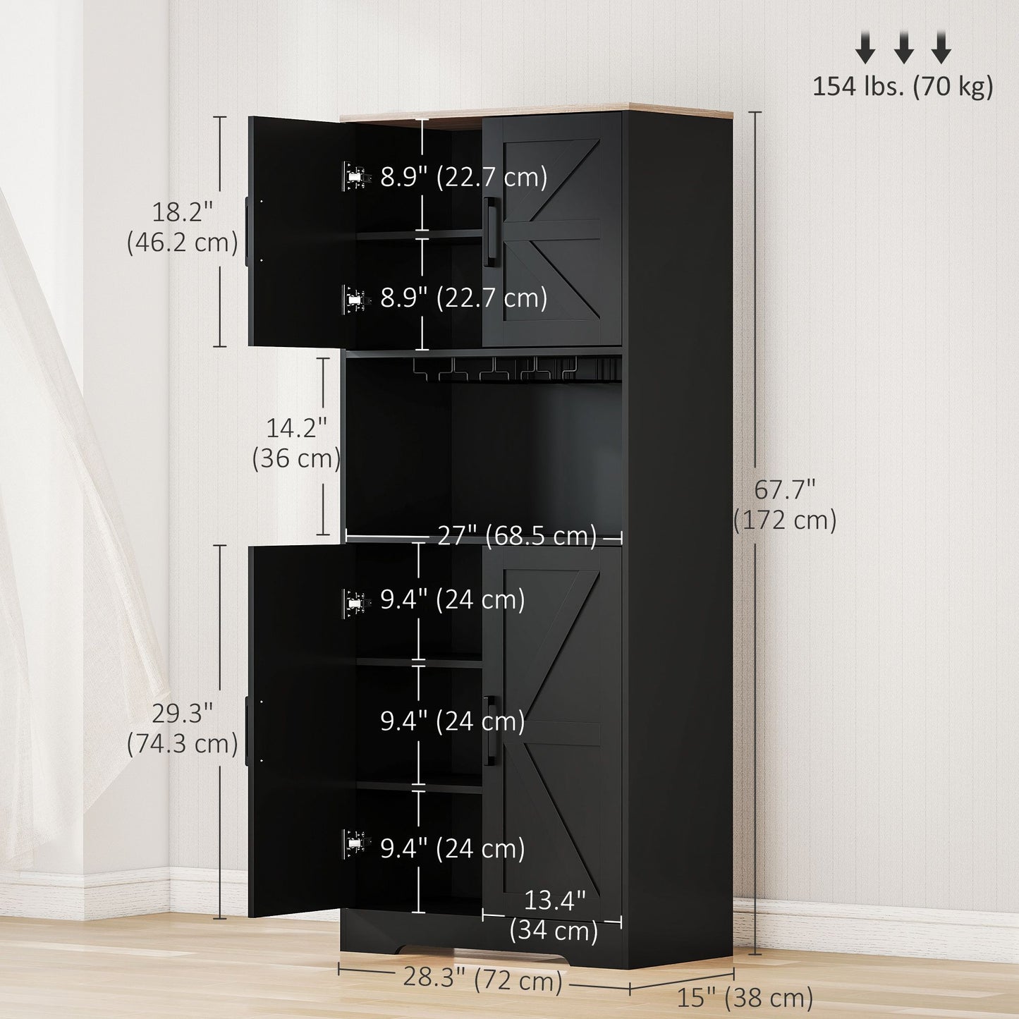 Farmhouse Kitchen Pantry, 68" Freestanding Hutch Storage Cabinet with Microwave Oven Countertop, Black
