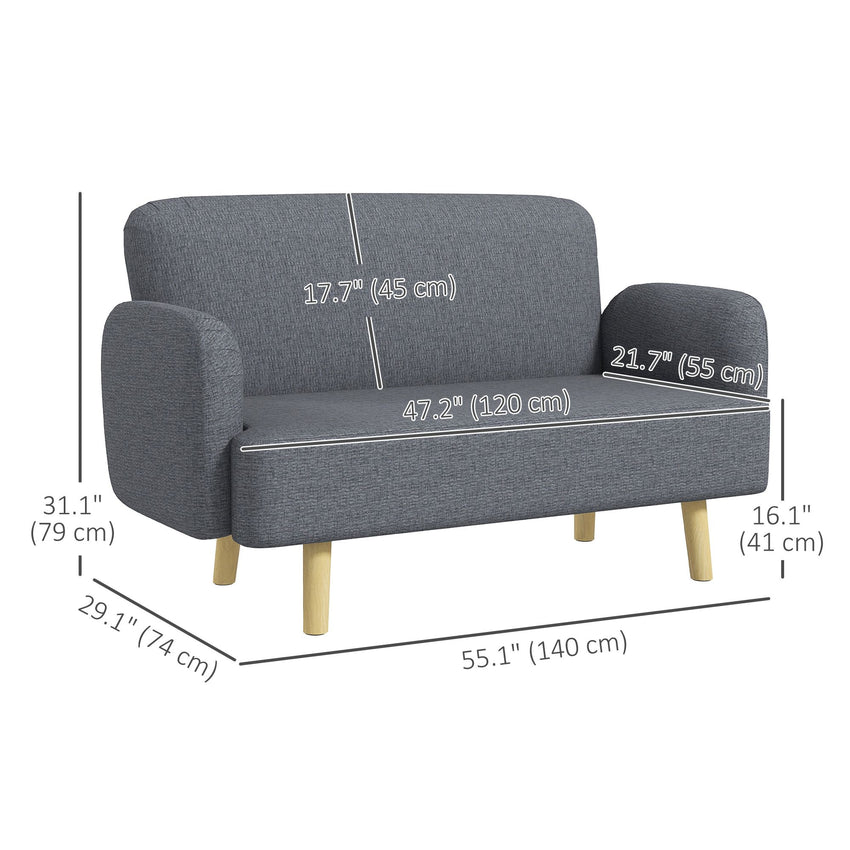 Velvet Feel Fabric 2 Seater Sofa, Small Sofa Loveseat with 8.3" Thick Padding and Wood Legs, Grey