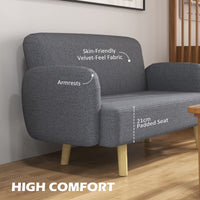 Velvet Feel Fabric 2 Seater Sofa, Small Sofa Loveseat with 8.3" Thick Padding and Wood Legs, Grey