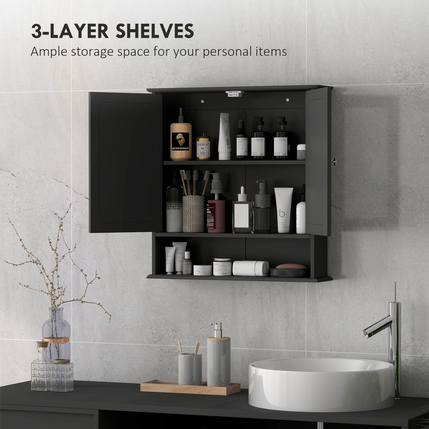 Medicine Cabinet, Wall-Mounted Bathroom Mirror Cabinet with Double Doors, Open Shelf, and Adjustable Shelf, Modern Bathroom Wall Cabinet, Black
