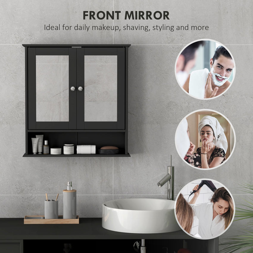 Medicine Cabinet, Wall-Mounted Bathroom Mirror Cabinet with Double Doors, Open Shelf, and Adjustable Shelf, Modern Bathroom Wall Cabinet, Black