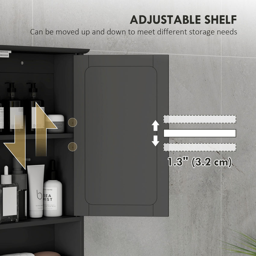 Medicine Cabinet, Wall-Mounted Bathroom Mirror Cabinet with Double Doors, Open Shelf, and Adjustable Shelf, Modern Bathroom Wall Cabinet, Black