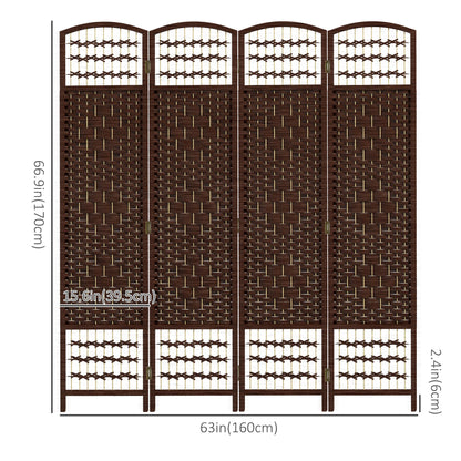 4 Panel Folding Room Divider, Portable Privacy Screen, Wave Fiber Room Partition for Home Office, Brown