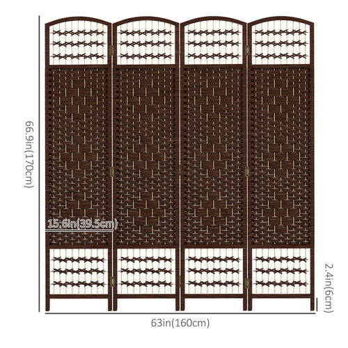 4 Panel Folding Room Divider, Portable Privacy Screen, Wave Fiber Room Partition for Home Office, Brown