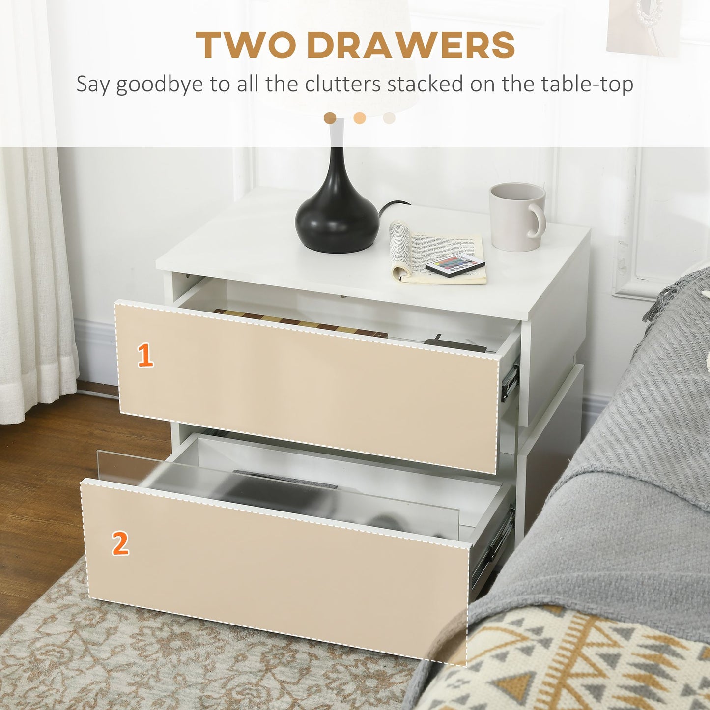 Modern Nightstand, Bedside Table with 2 Drawers, USB Powered RGB LED Lights, Remote for Bedroom, White