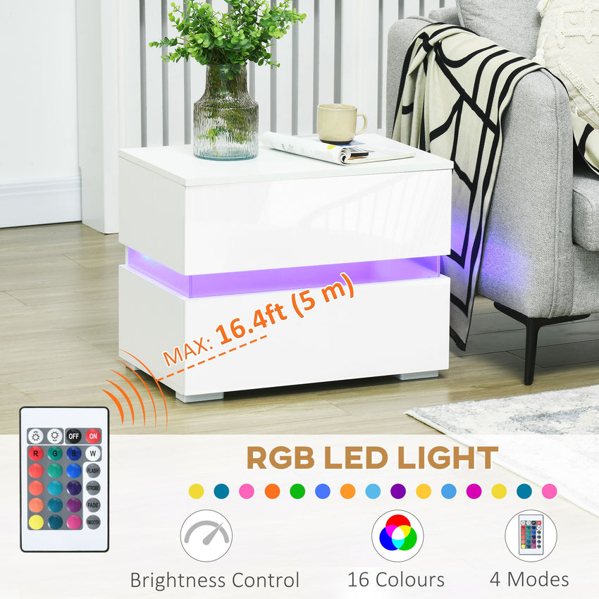 Modern Nightstand, Bedside Table with 2 Drawers, USB Powered RGB LED Lights, Remote for Bedroom, White