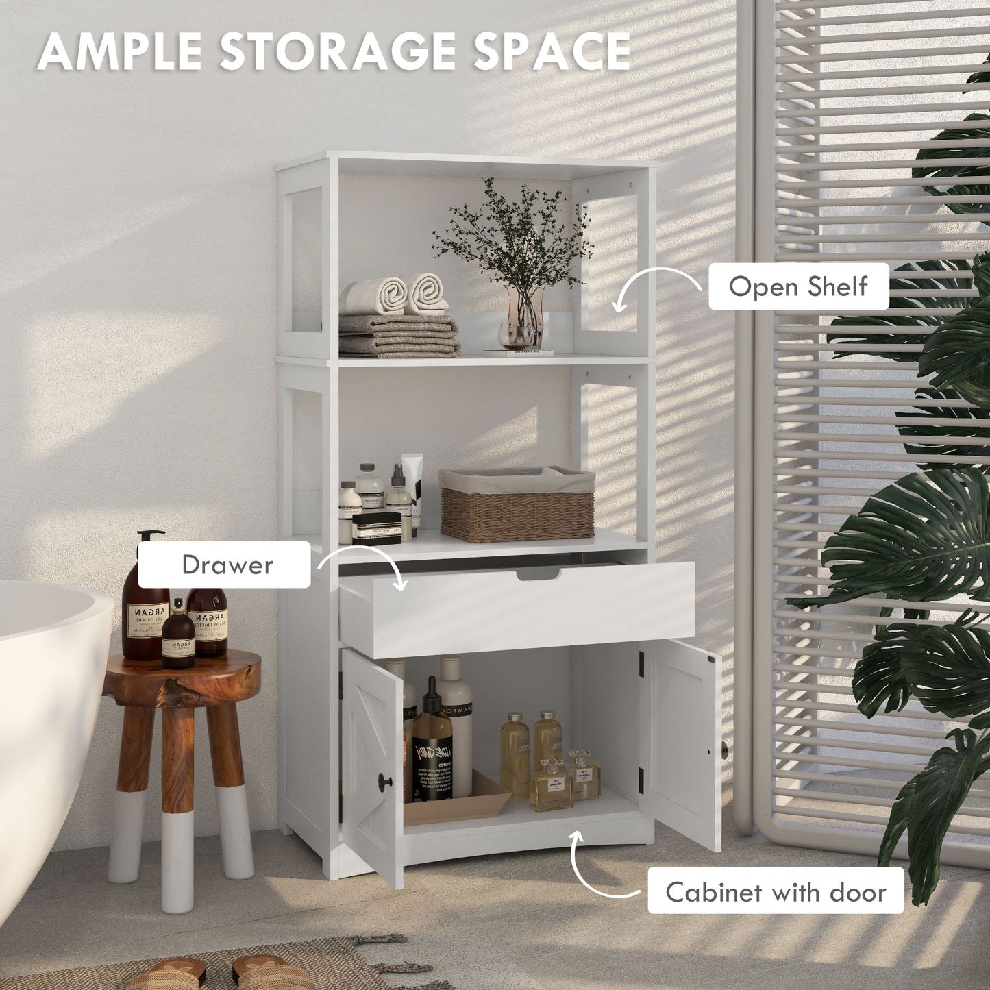 Farmhouse Bathroom Storage Cabinet, Linen Cabinet with Drawer and Shelves, 23.5" x 13" x 48.5", White