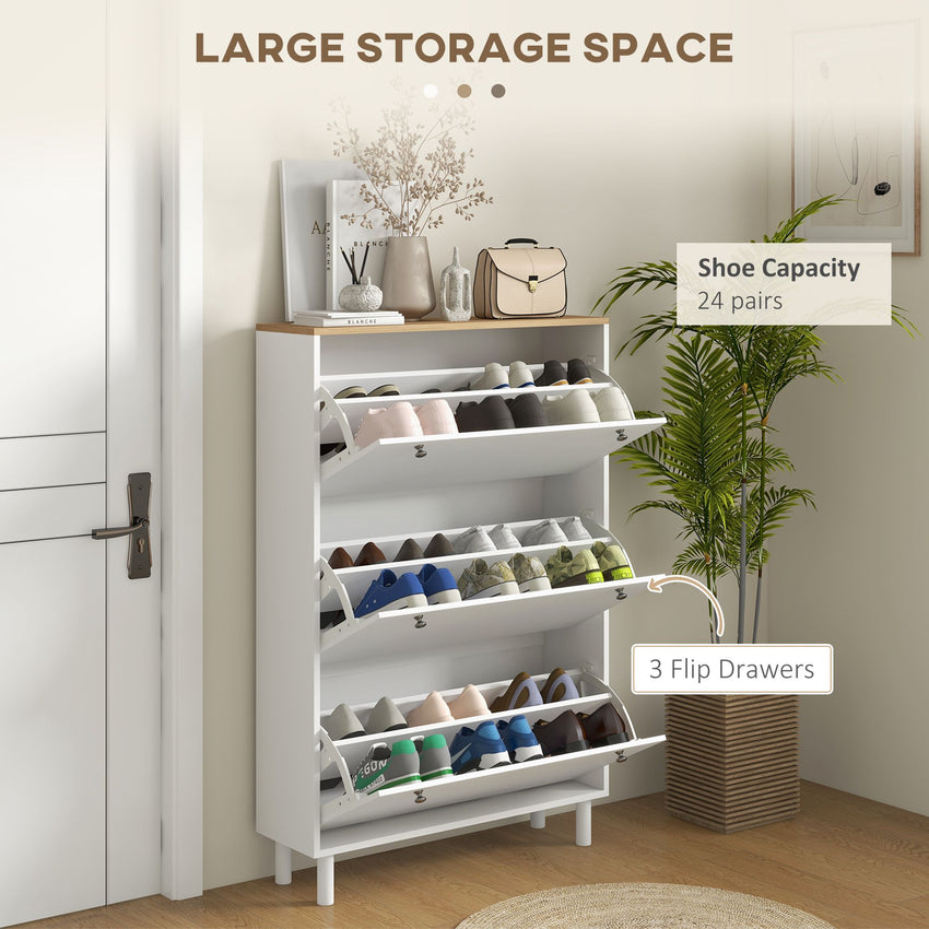Shoe Storage with 3 Flip Drawers and Adjustable Shelves, Entryway Shoe Storage Cabinet for 24 Pairs of Shoes, White