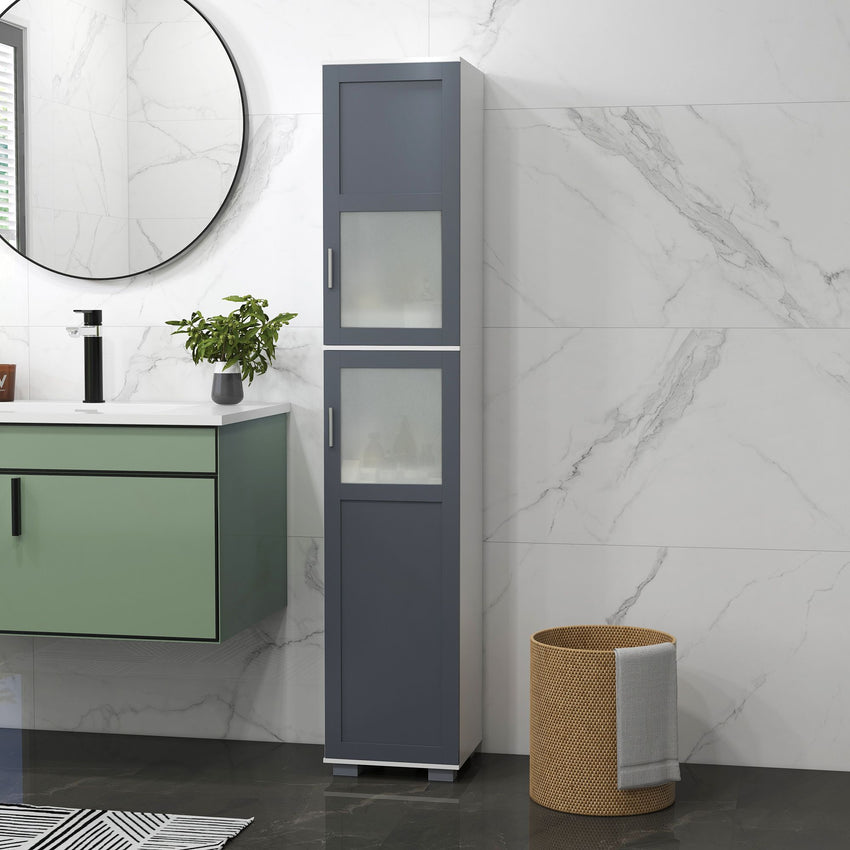 75" Tall Bathroom Storage Cabinet, Narrow Bathroom Cabinets with Matte Glass Doors and 5-tier Shelving, White & Grey