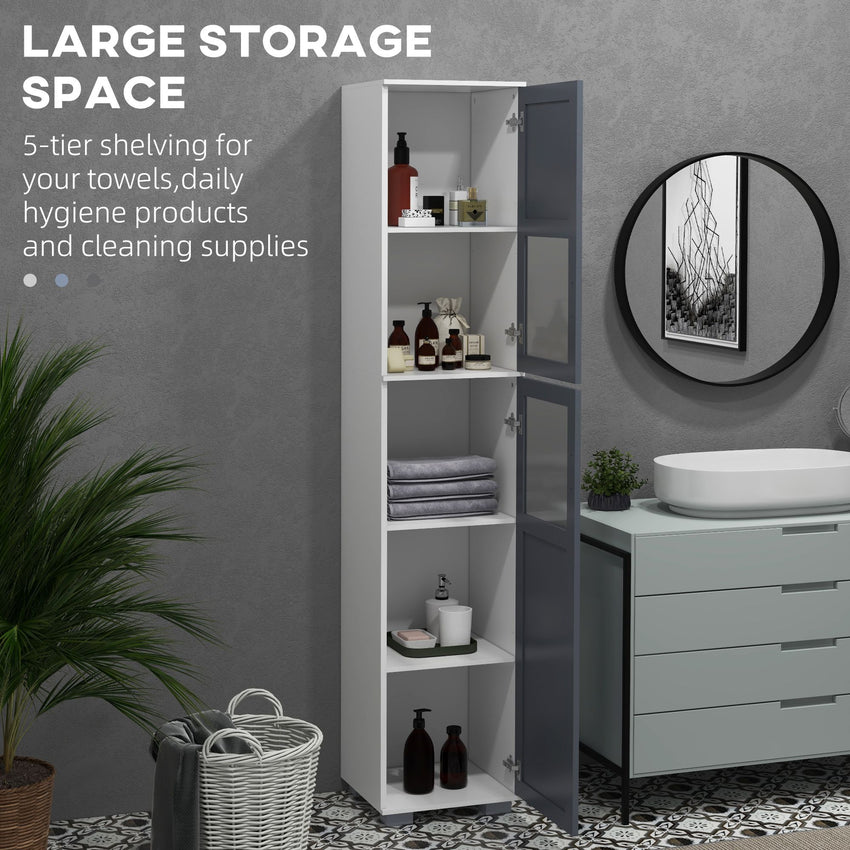75" Tall Bathroom Storage Cabinet, Narrow Bathroom Cabinets with Matte Glass Doors and 5-tier Shelving, White & Grey