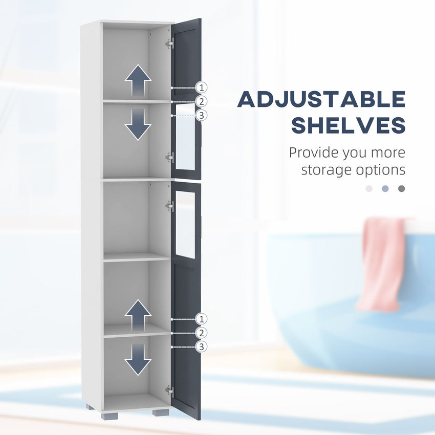 75" Tall Bathroom Storage Cabinet, Narrow Bathroom Cabinets with Matte Glass Doors and 5-tier Shelving, White & Grey