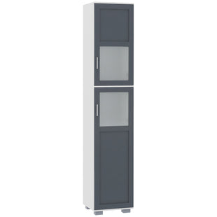 75" Tall Bathroom Storage Cabinet, Narrow Bathroom Cabinets with Matte Glass Doors and 5-tier Shelving, White & Grey