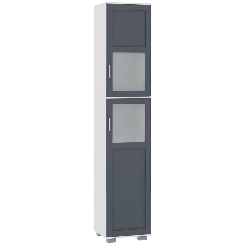 75" Tall Bathroom Storage Cabinet, Narrow Bathroom Cabinets with Matte Glass Doors and 5-tier Shelving, White & Grey