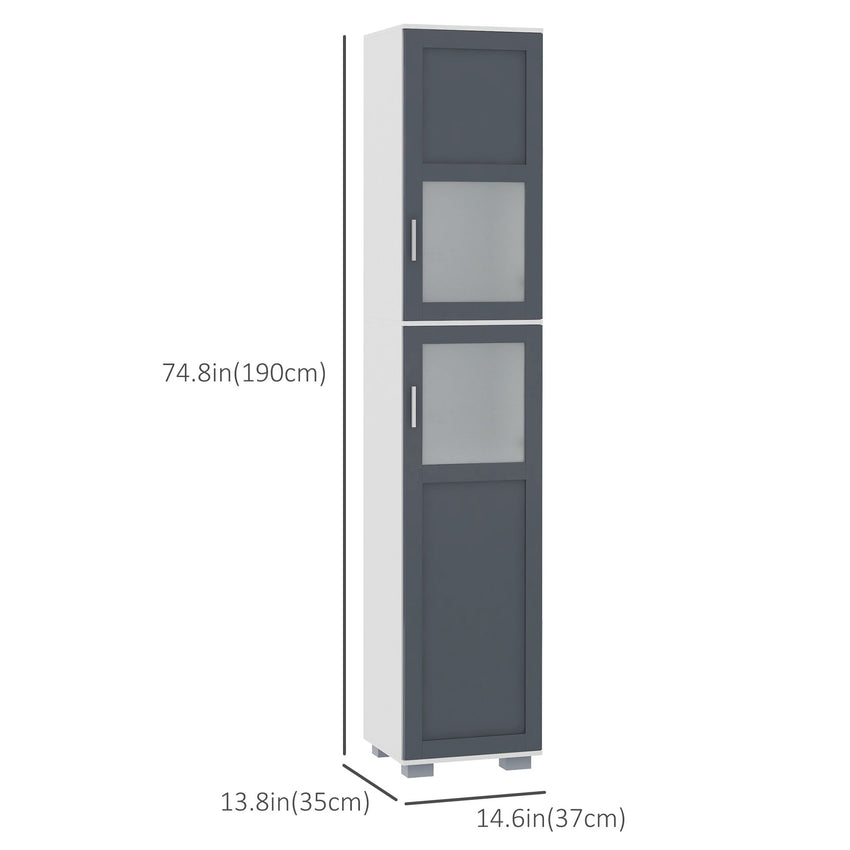 75" Tall Bathroom Storage Cabinet, Narrow Bathroom Cabinets with Matte Glass Doors and 5-tier Shelving, White & Grey