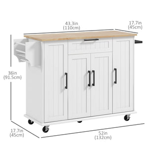 Modern Rolling Kitchen Island Cart with Drawers, Natural Wood Top, Towel Rack, Door Storage Cabinet, White