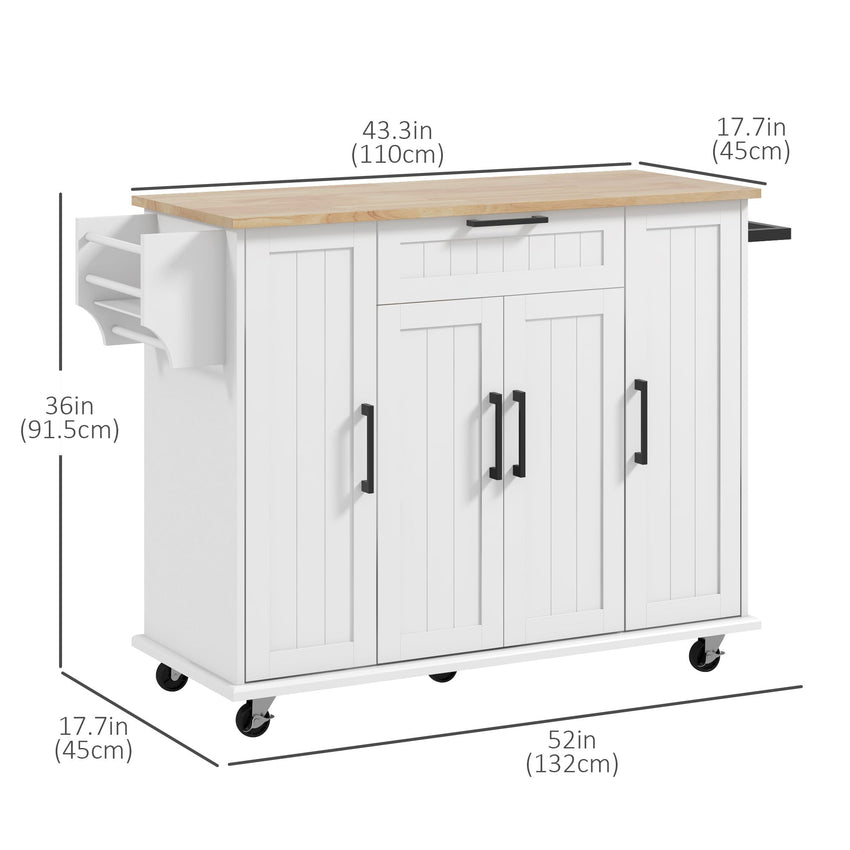 Modern Rolling Kitchen Island Cart with Drawers, Natural Wood Top, Towel Rack, Door Storage Cabinet, White