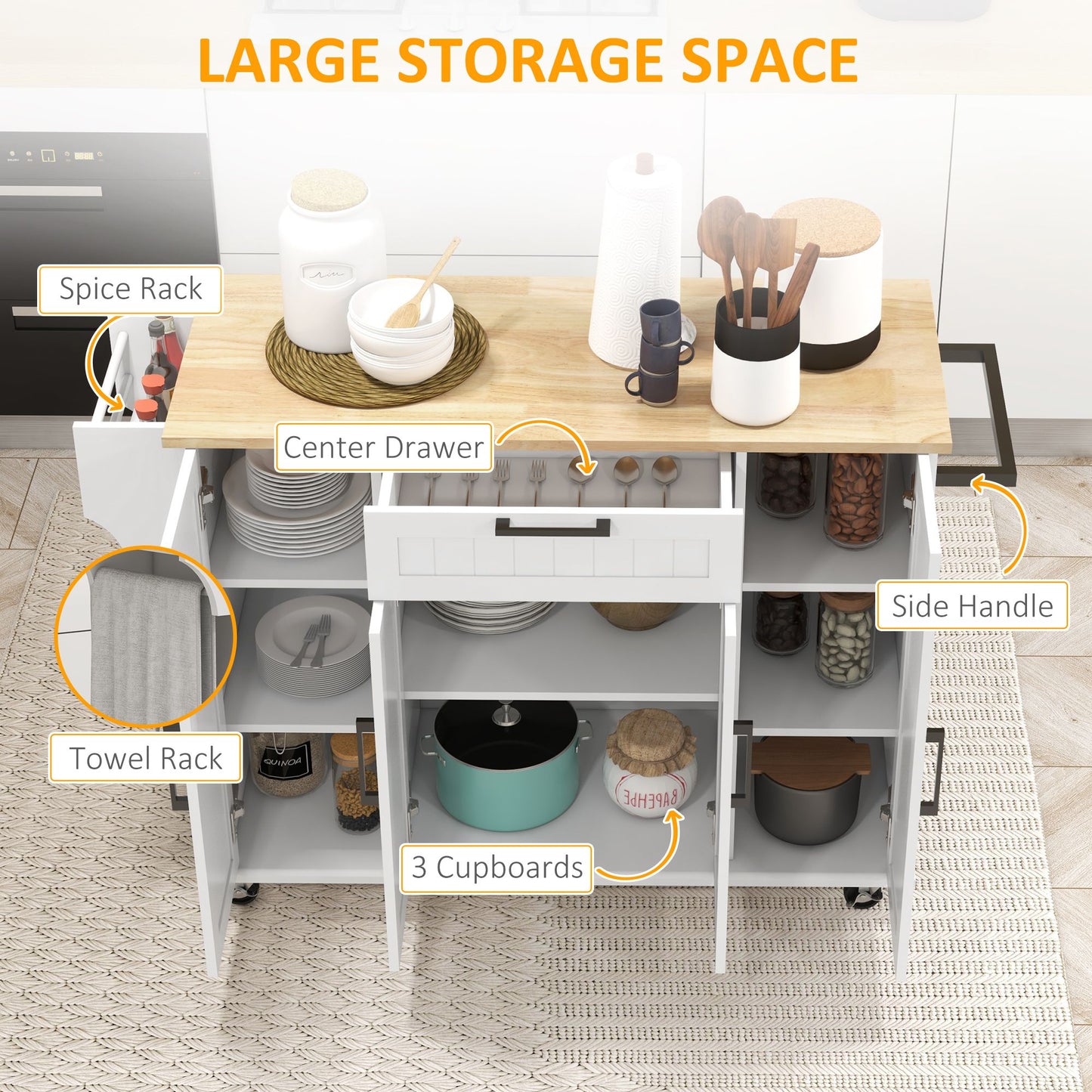 Modern Rolling Kitchen Island Cart with Drawers, Natural Wood Top, Towel Rack, Door Storage Cabinet, White