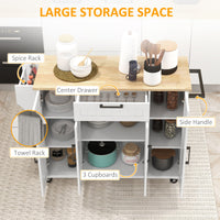 Modern Rolling Kitchen Island Cart with Drawers, Natural Wood Top, Towel Rack, Door Storage Cabinet, White