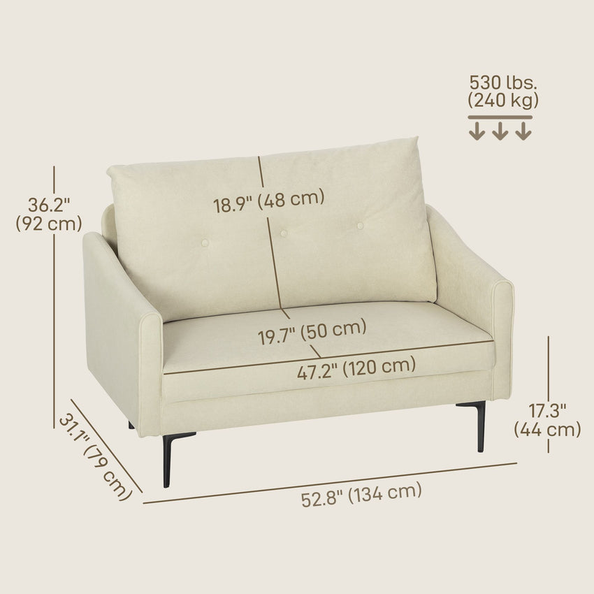 2 Seater Sofa, Small Modern Couch with High-Resilience Foam, Thicken Padding, Button Tufted, Cream White