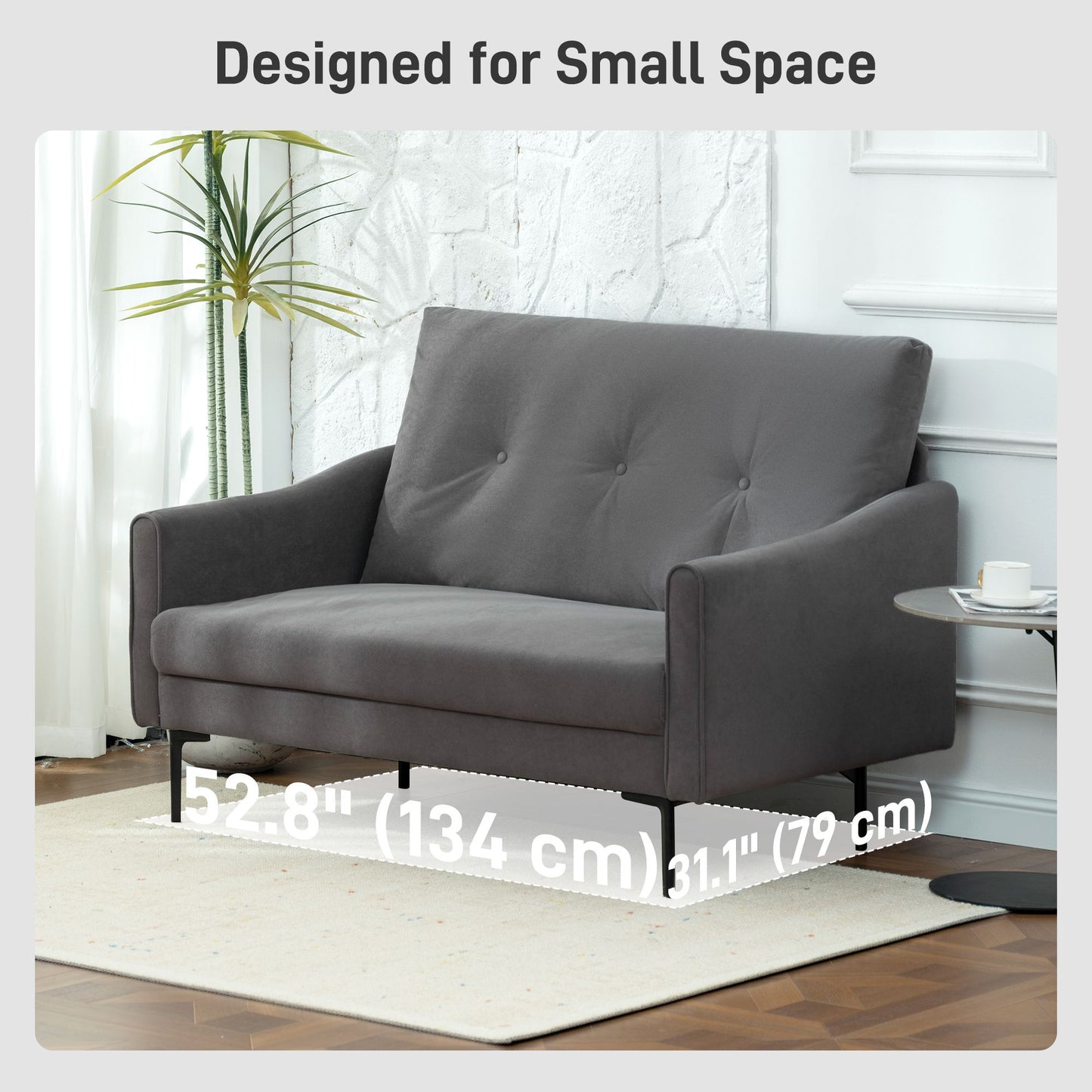 2 Seater Sofa, Small Modern Couch with High-Resilience Foam, Thicken Padding, Button Tufted, Grey