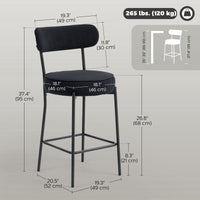 Set of 2 Barstools, Upholstered Corduroy Bar Stools with Backrest, Footrest for Kitchen Island, Dining Room, Black