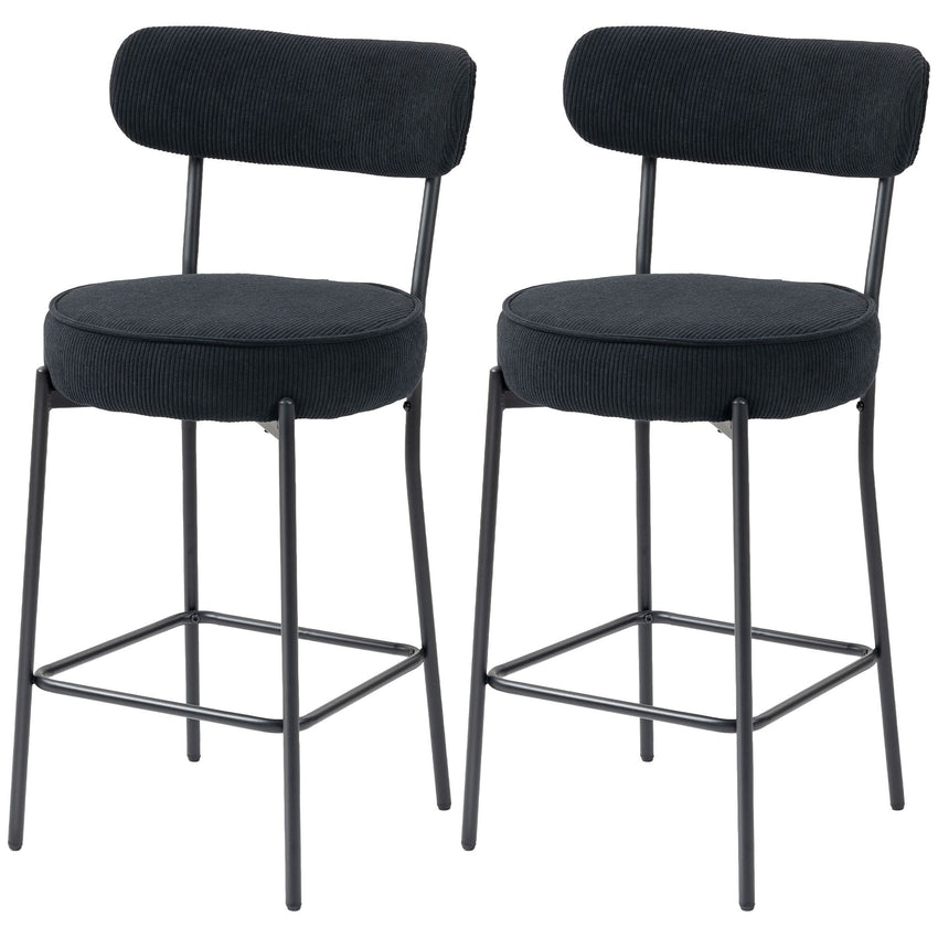 Set of 2 Barstools, Upholstered Corduroy Bar Stools with Backrest, Footrest for Kitchen Island, Dining Room, Black