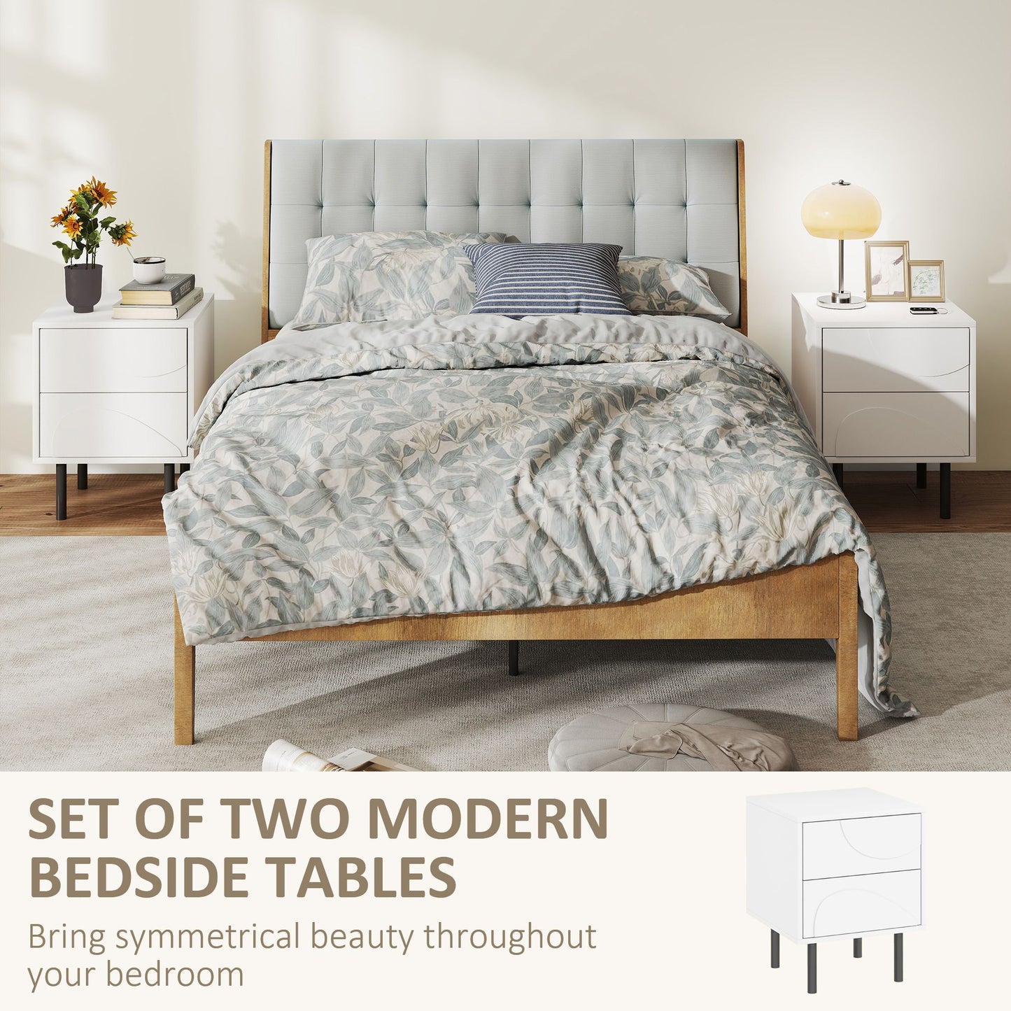Nightstand Set of 2, Modern Bedside End Table with Push-to-Open Drawers and Steel Legs for Living Room, Bedroom, White