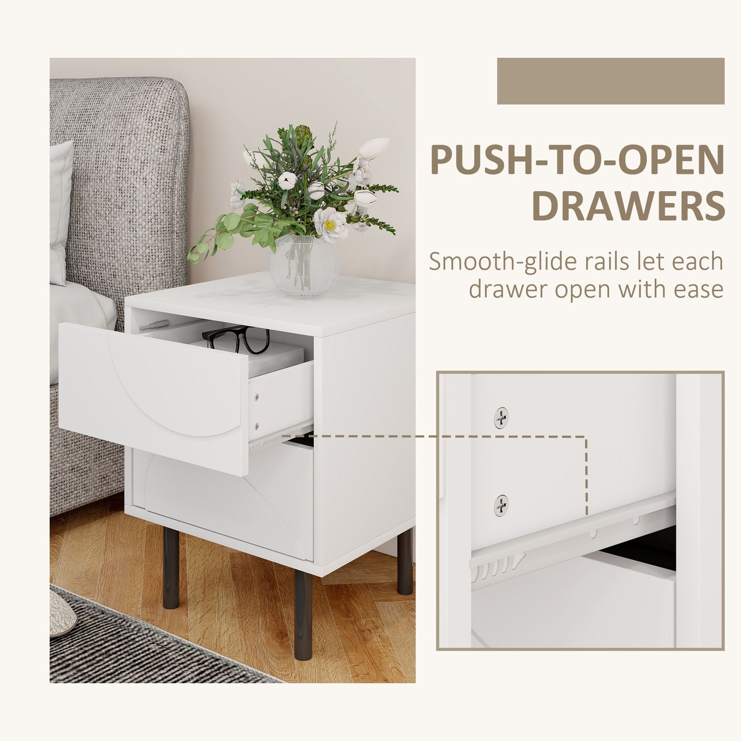 Nightstand Set of 2, Modern Bedside End Table with Push-to-Open Drawers and Steel Legs for Living Room, Bedroom, White