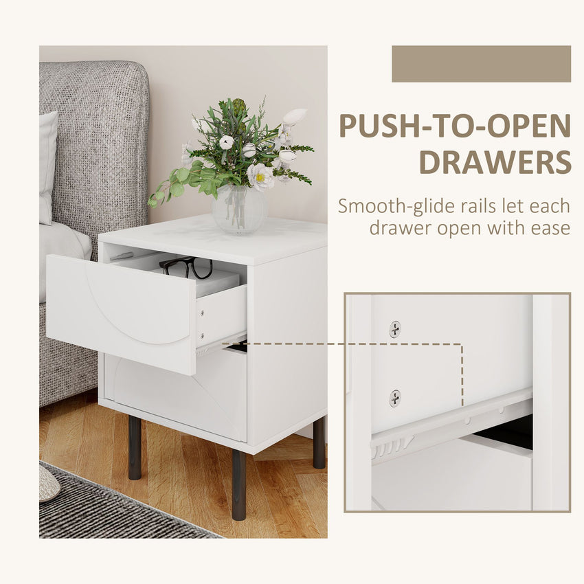 Nightstand Set of 2, Modern Bedside End Table with Push-to-Open Drawers and Steel Legs for Living Room, Bedroom, White