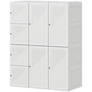Portable Wardrobe, Foldable Plastic Closet with 8 Compartments, 2 Hanging Rods and Magnetic Doors, White