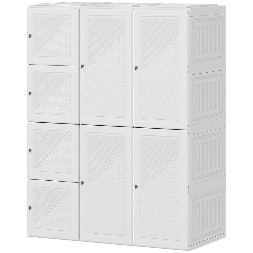Portable Wardrobe, Foldable Plastic Closet with 8 Compartments, 2 Hanging Rods and Magnetic Doors, White