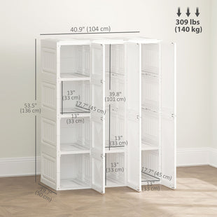 Portable Wardrobe, Foldable Plastic Closet with 8 Compartments, 2 Hanging Rods and Magnetic Doors, White