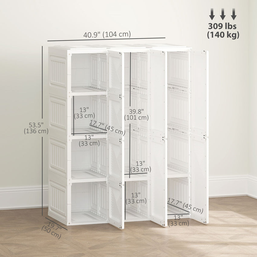 Portable Wardrobe, Foldable Plastic Closet with 8 Compartments, 2 Hanging Rods and Magnetic Doors, White