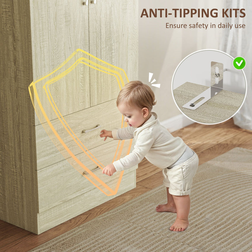 Wardrobe Closet Armoire with Hanging Rod and 2 Doors, Clothes Storage Organizer with 2 Drawers for Bedroom, Oak