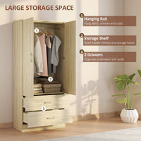 Wardrobe Closet Armoire with Hanging Rod and 2 Doors, Clothes Storage Organizer with 2 Drawers for Bedroom, Oak