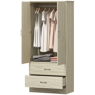 Wardrobe Closet Armoire with Hanging Rod and 2 Doors, Clothes Storage Organizer with 2 Drawers for Bedroom, Oak