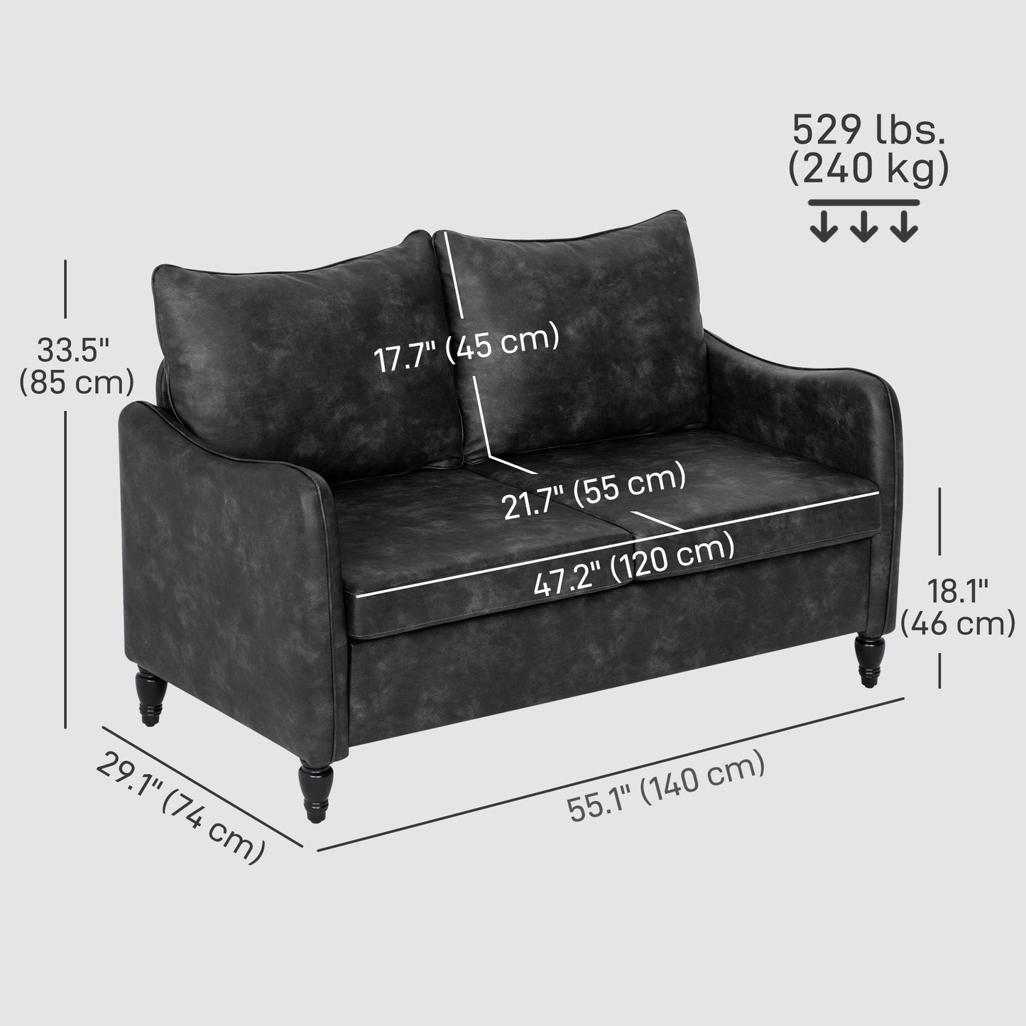 55" Loveseat Sofa, Small 2 Seater Couch with Solid Wood Legs, Modern PU Leather Upholstered Sofa for Small Spaces, Grey