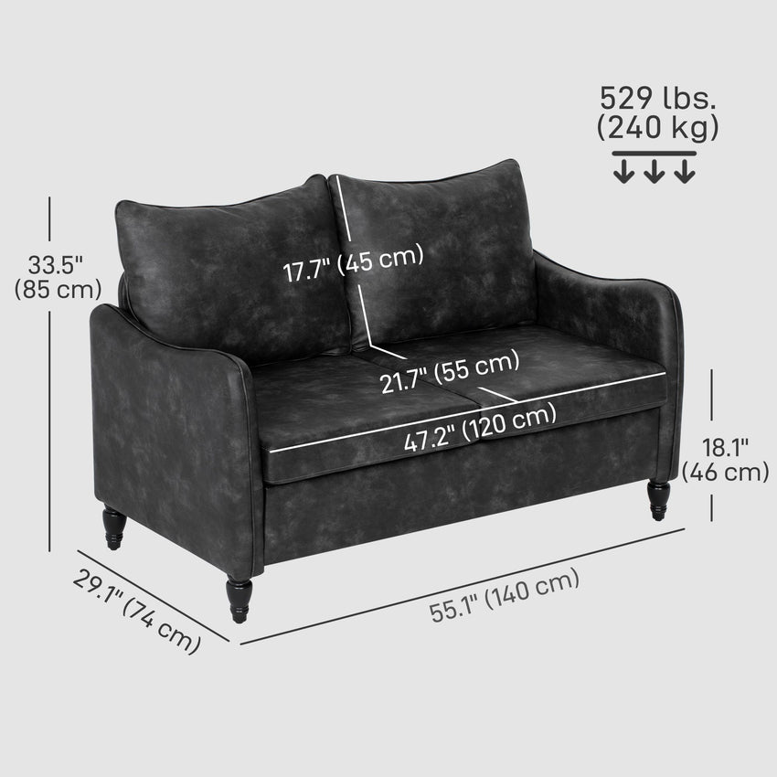 55" Loveseat Sofa, Small 2 Seater Couch with Solid Wood Legs, Modern PU Leather Upholstered Sofa for Small Spaces, Grey