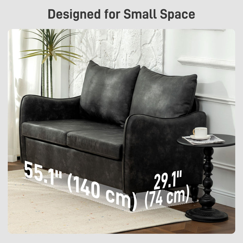 55" Loveseat Sofa, Small 2 Seater Couch with Solid Wood Legs, Modern PU Leather Upholstered Sofa for Small Spaces, Grey